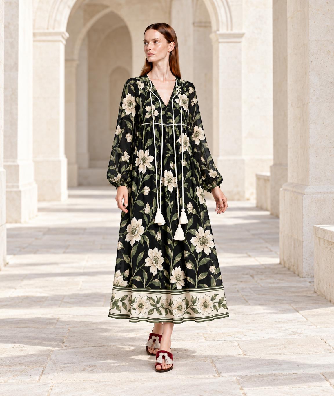Black Floral Long Sleeve Dress with Ivory Botanical Border Print and V Neck