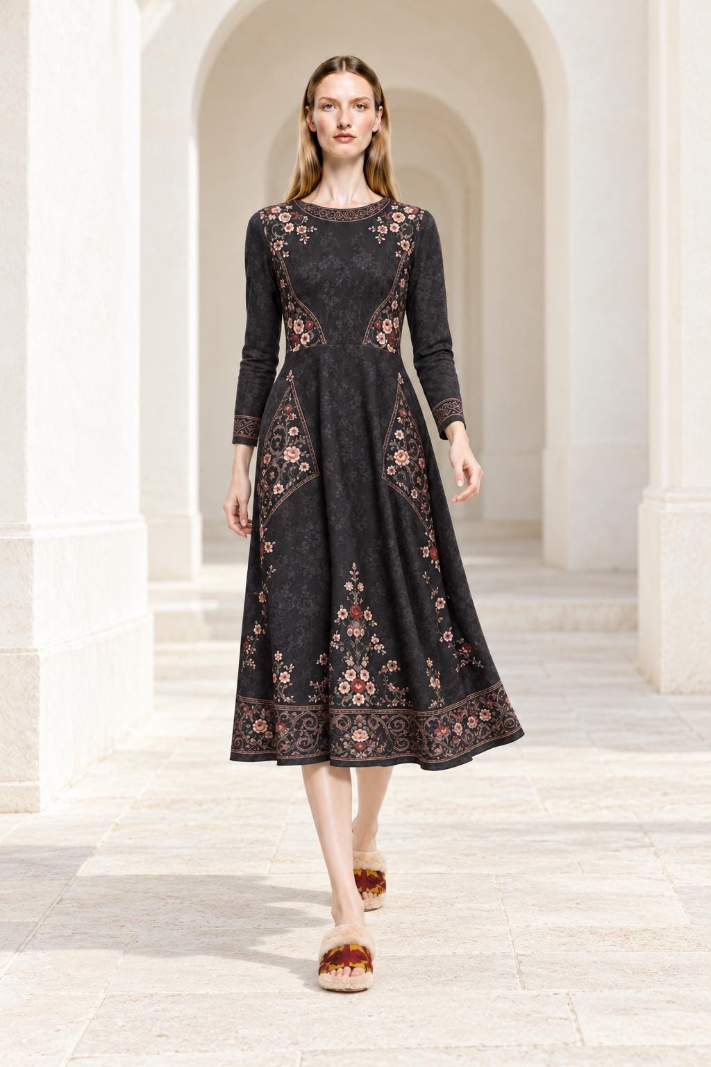 Black Floral Midi Dress with Long Sleeves and Ornate Border Print