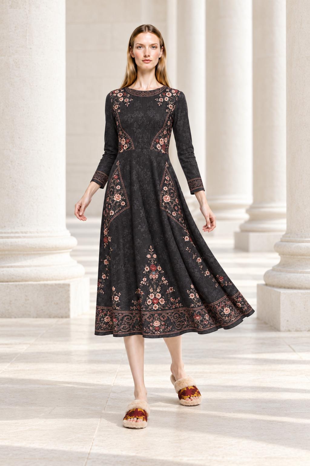 Black Floral Midi Dress with Long Sleeves and Ornate Border Print
