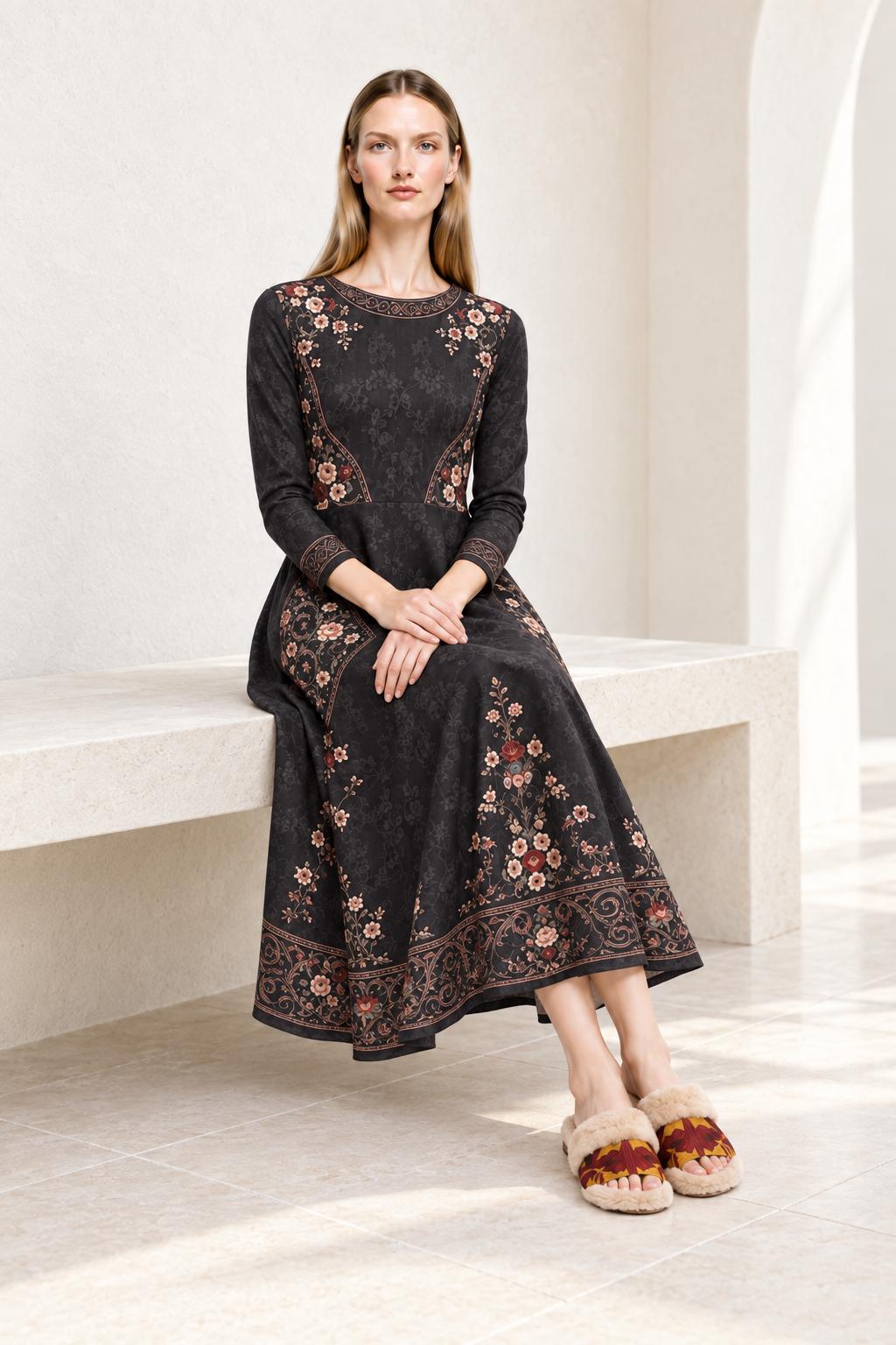 Black Floral Midi Dress with Long Sleeves and Ornate Border Print