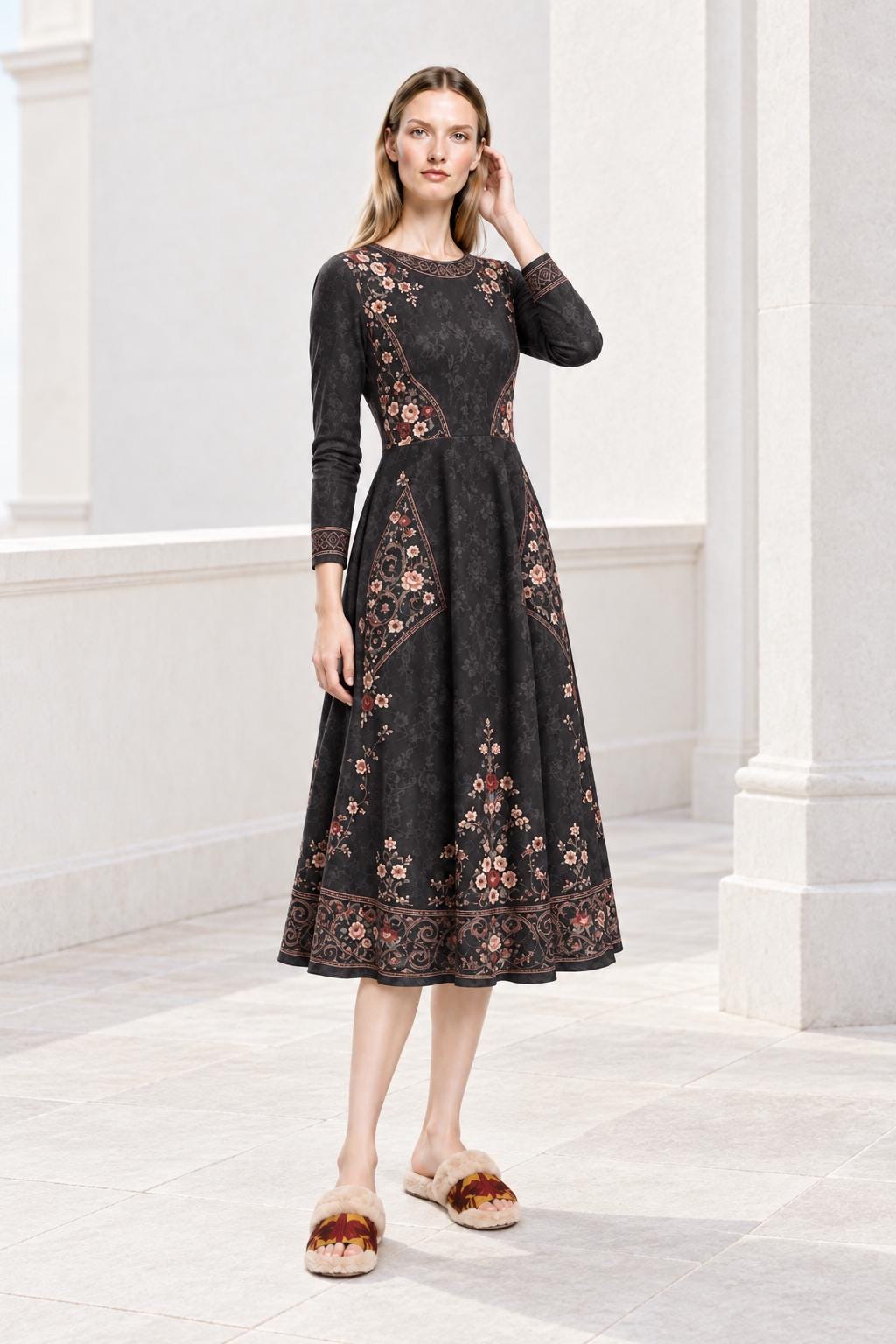 Black Floral Midi Dress with Long Sleeves and Ornate Border Print