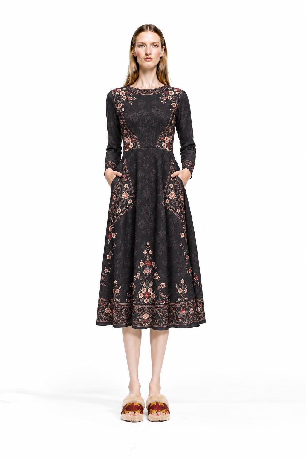 Black Floral Midi Dress with Long Sleeves and Ornate Border Print