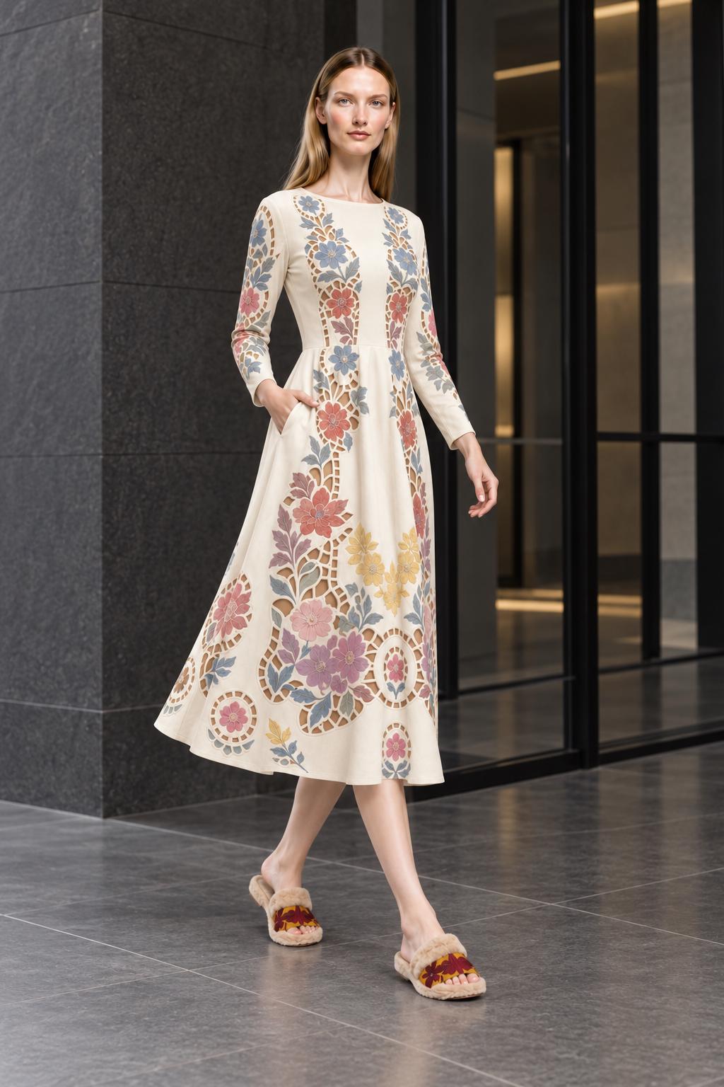 Ivory Floral Midi Dress with Long Sleeves and Eyelet Inspired Print