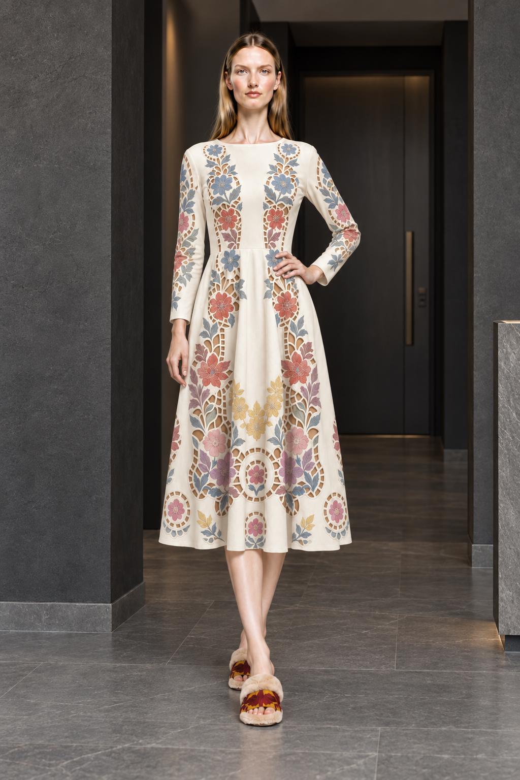 Ivory Floral Midi Dress with Long Sleeves and Eyelet Inspired Print