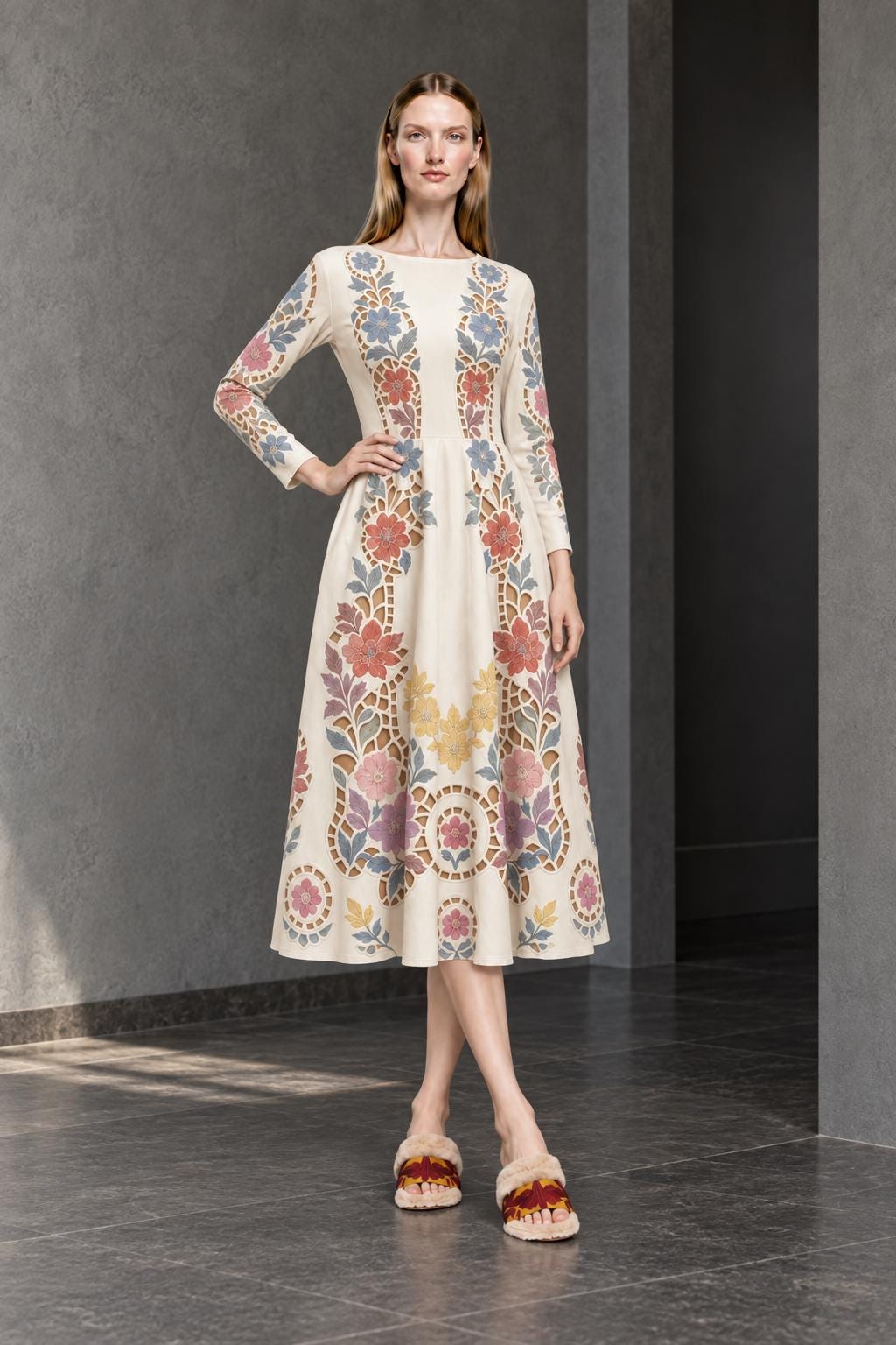 Ivory Floral Midi Dress with Long Sleeves and Eyelet Inspired Print