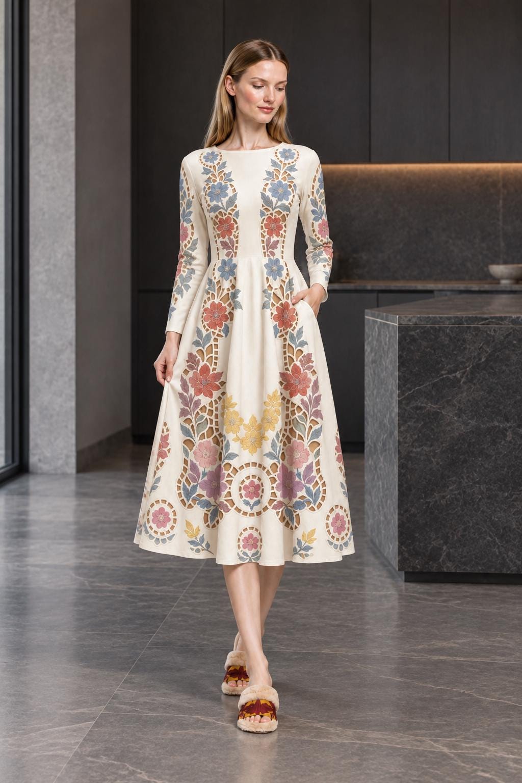 Ivory Floral Midi Dress with Long Sleeves and Eyelet Inspired Print