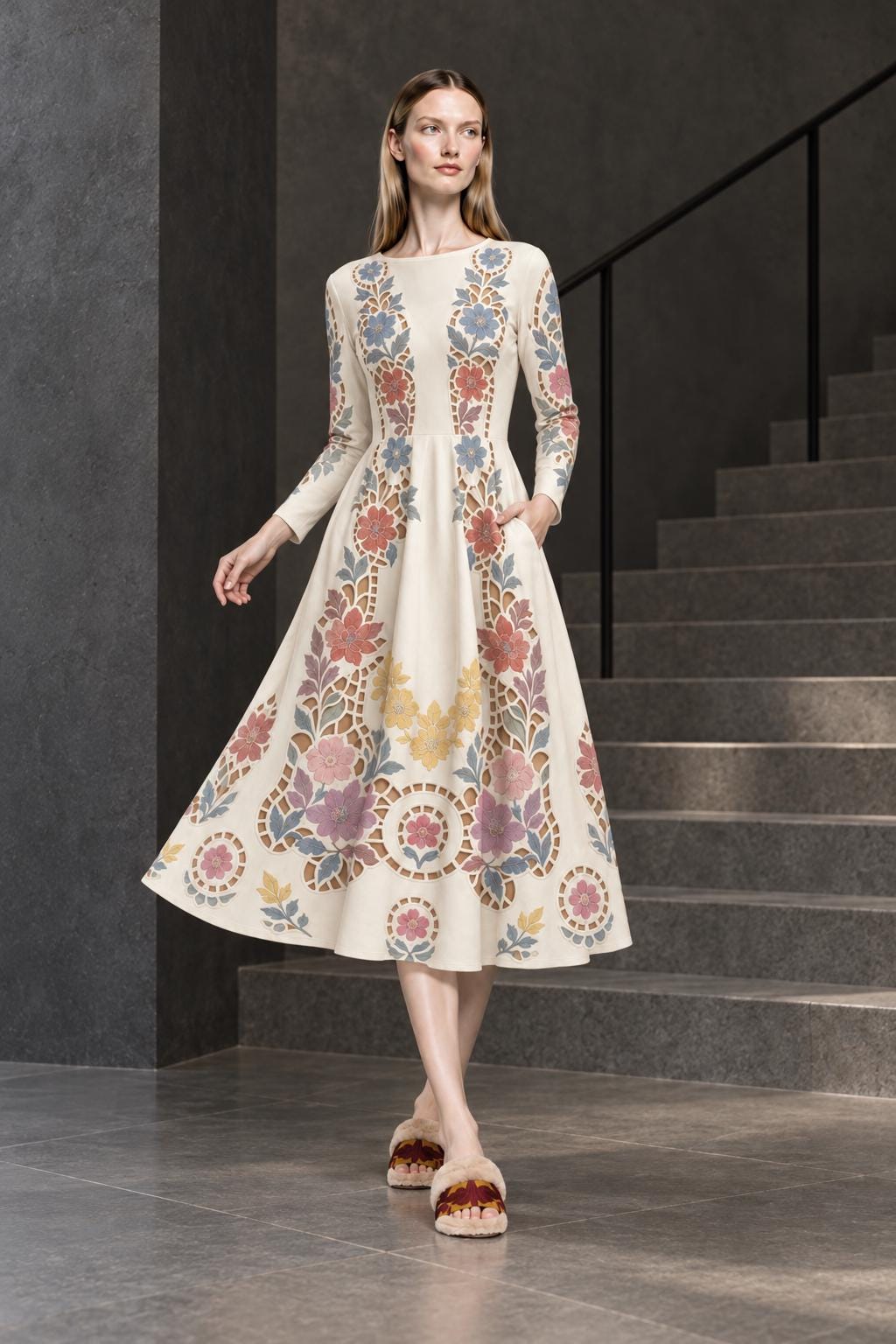 Ivory Floral Midi Dress with Long Sleeves and Eyelet Inspired Print