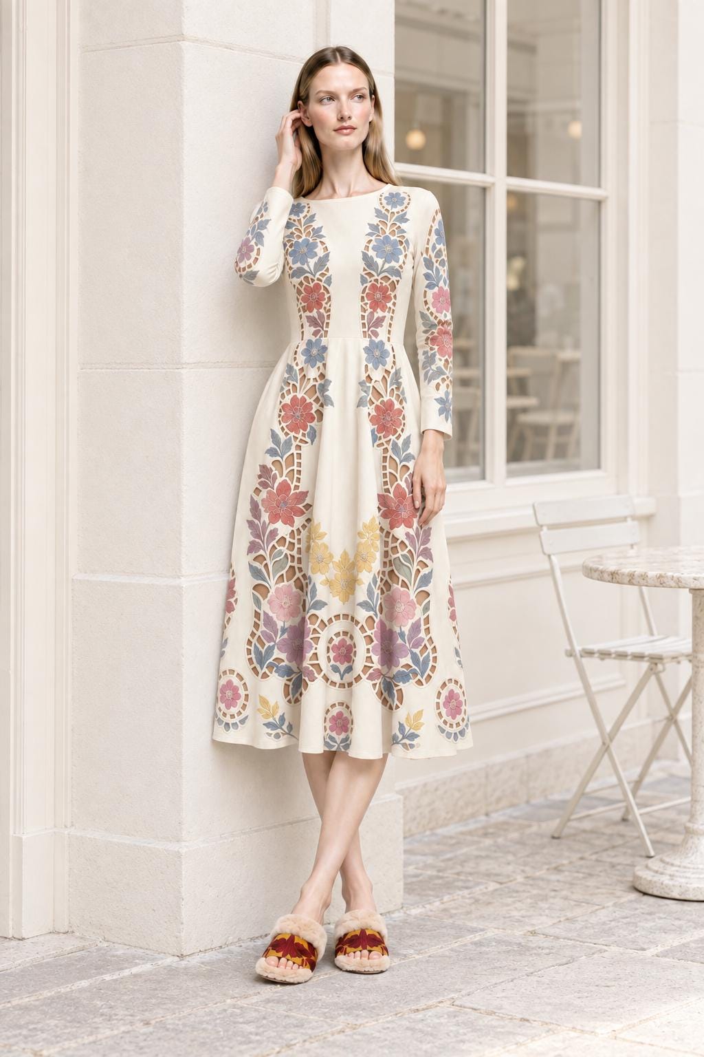 Ivory Floral Midi Dress with Long Sleeves and Eyelet Inspired Print