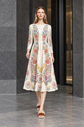 Ivory Floral Midi Dress with Long Sleeves and Eyelet Inspired Print