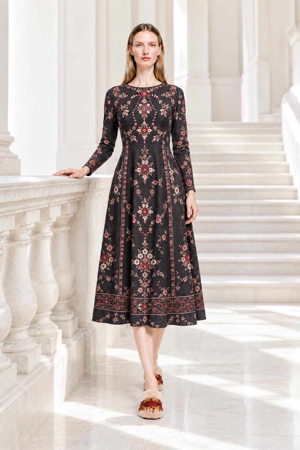 Black Floral Dress, Long Sleeves, A-Line Silhouette and Folk-Inspired Border