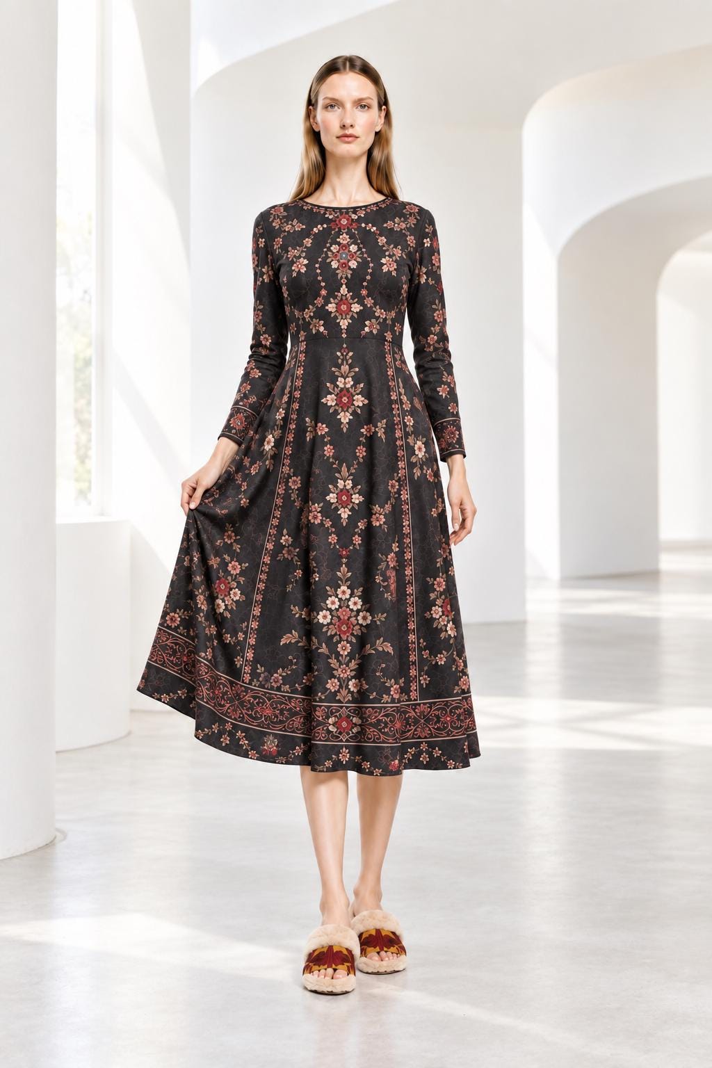 Black Floral Dress, Long Sleeves, A-Line Silhouette and Folk-Inspired Border