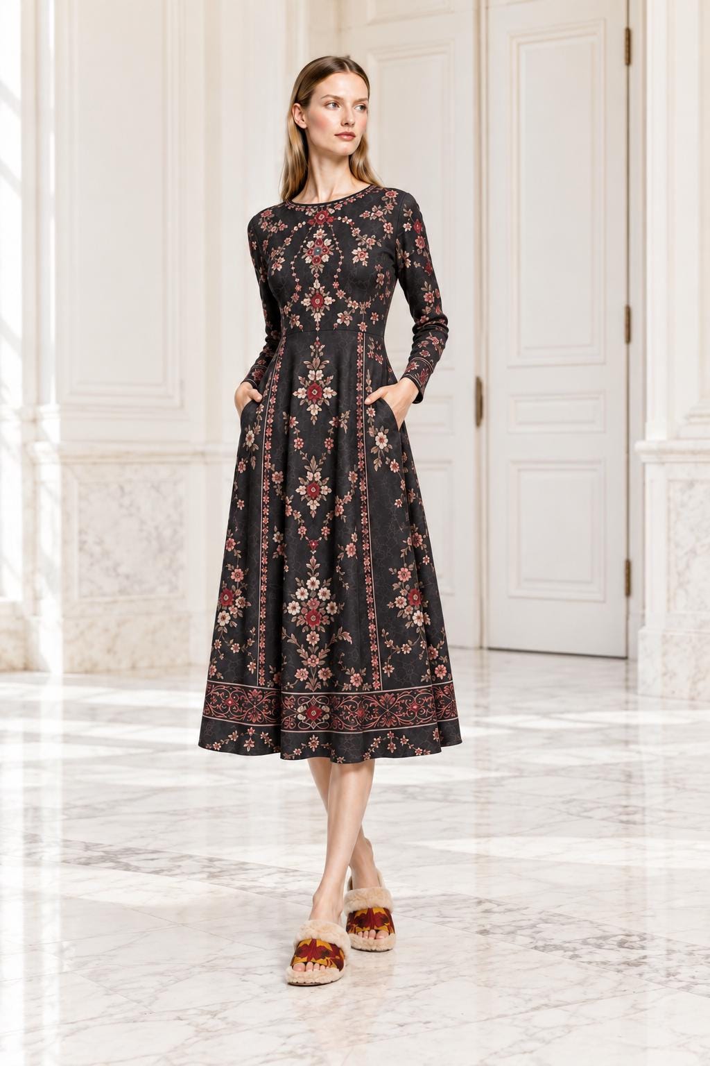 Black Floral Dress, Long Sleeves, A-Line Silhouette and Folk-Inspired Border