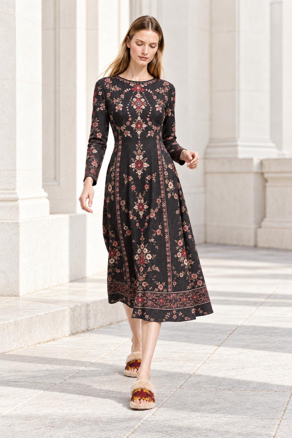 Black Floral Dress, Long Sleeves, A-Line Silhouette and Folk-Inspired Border