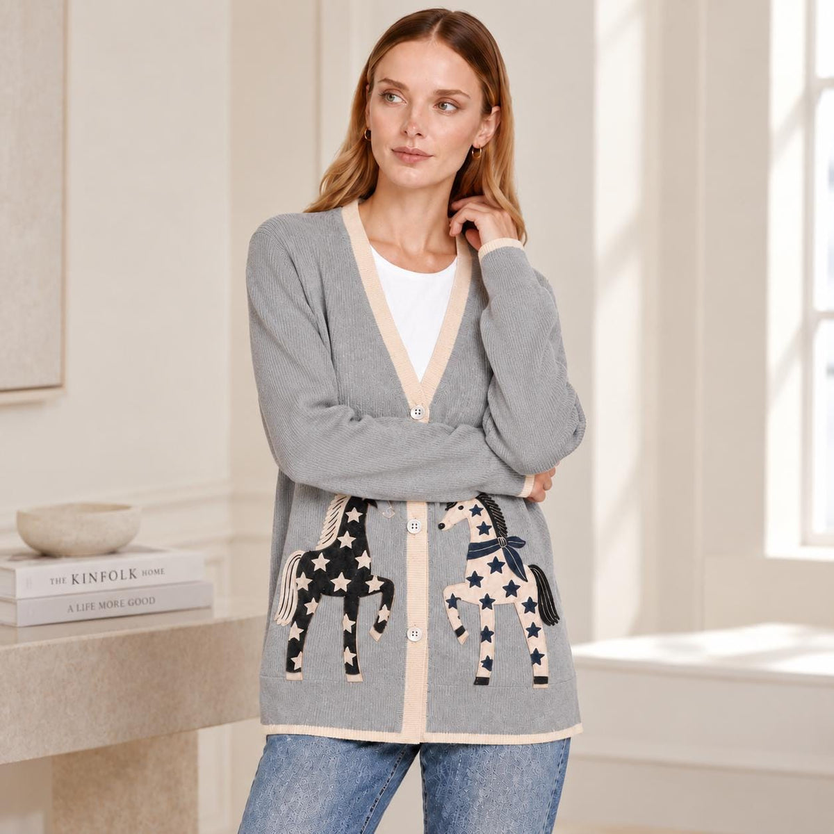 Gray Horse Cardigan with Star Motifs, V-Neck and Cream Trim