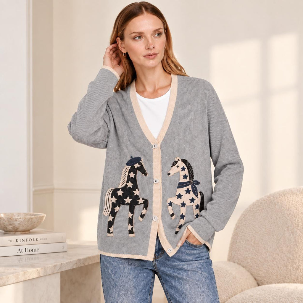 Gray Horse Cardigan with Star Motifs, V-Neck and Cream Trim