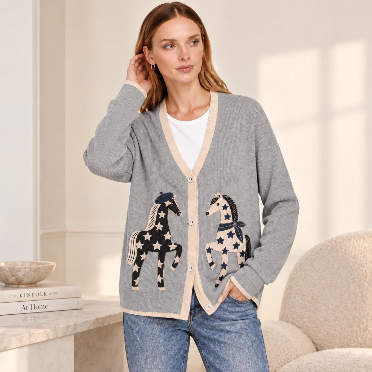 Gray Horse Cardigan with Star Motifs, V-Neck and Cream Trim