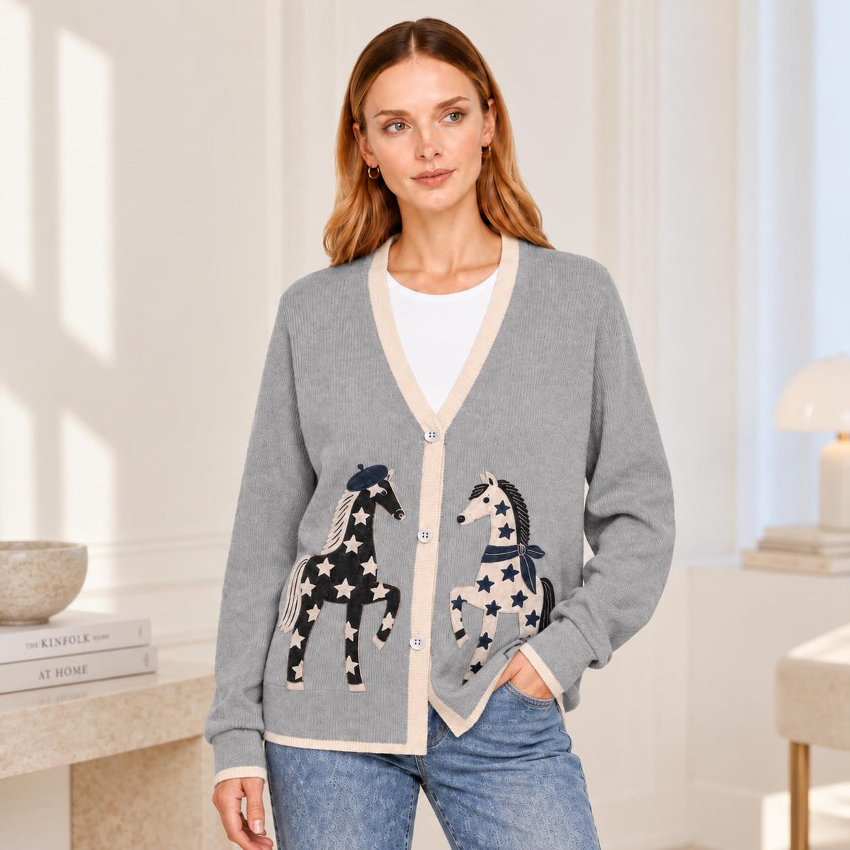 Gray Horse Cardigan with Star Motifs, V-Neck and Cream Trim
