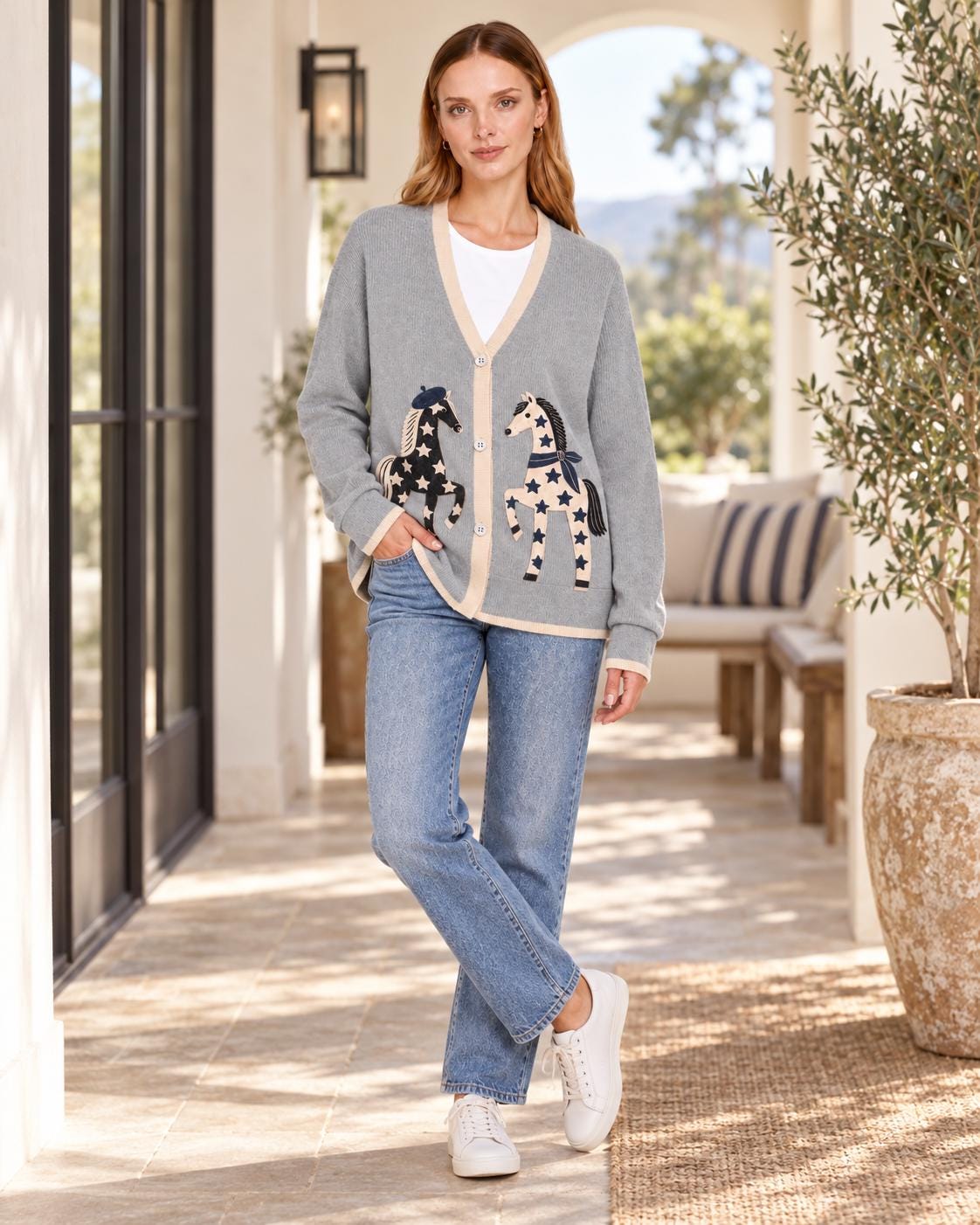 Gray Horse Cardigan with Star Motifs, V-Neck and Cream Trim