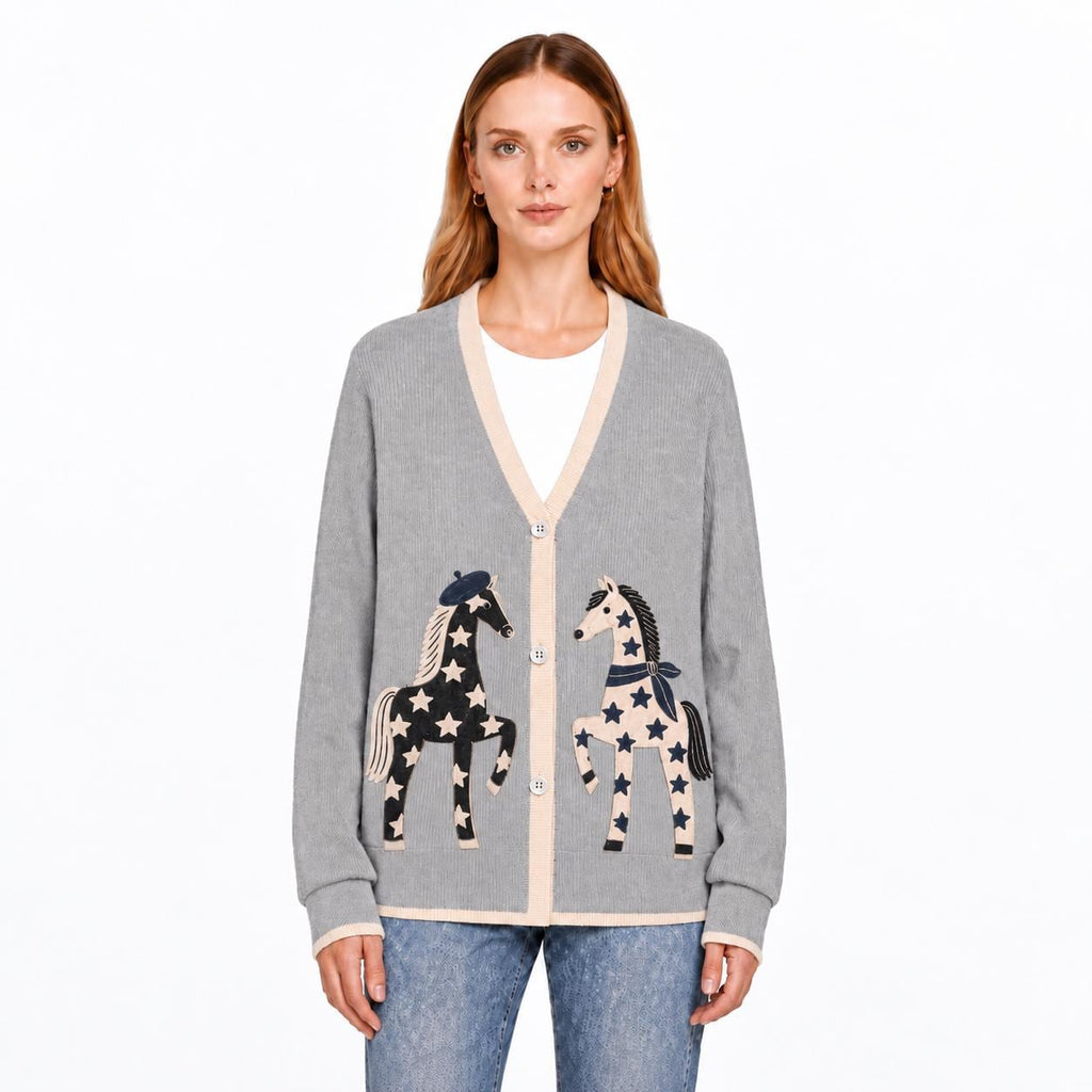 Gray Horse Cardigan with Star Motifs, V-Neck and Cream Trim
