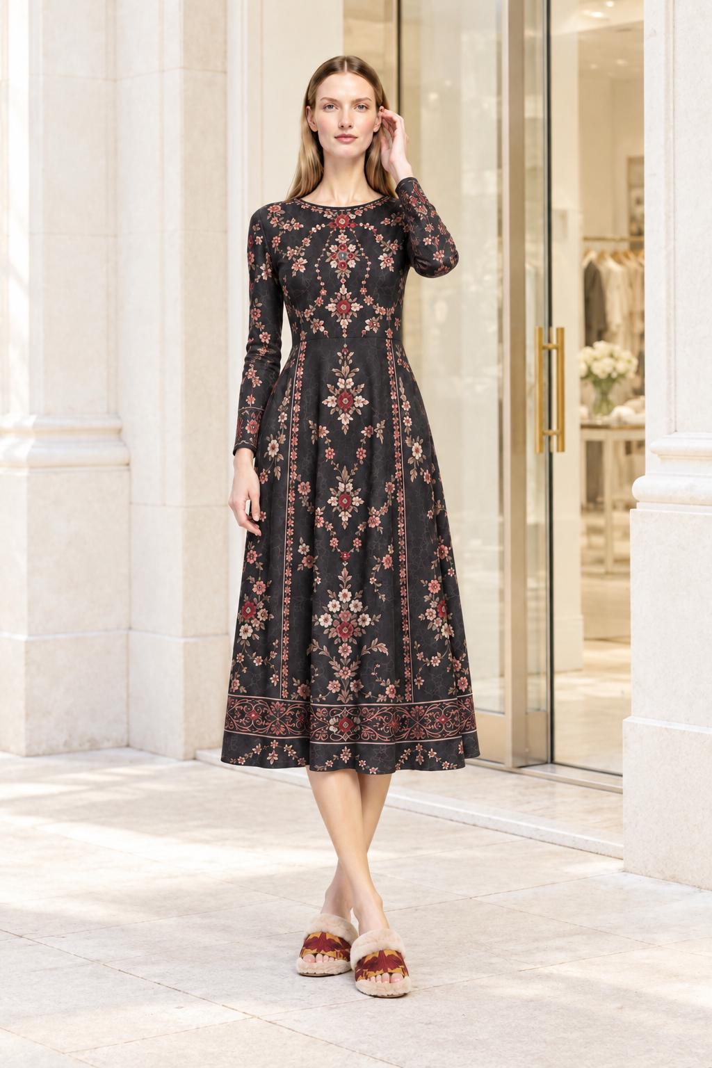 Black Floral Dress, Long Sleeves, A-Line Silhouette and Folk-Inspired Border