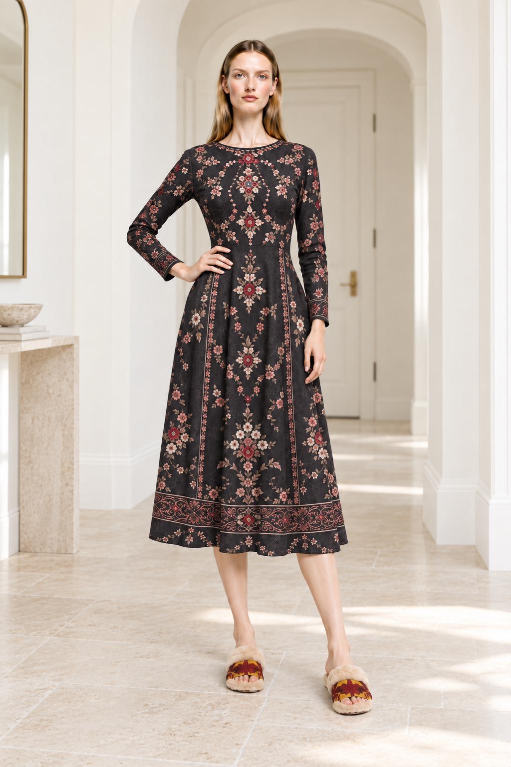 Black Floral Dress, Long Sleeves, A-Line Silhouette and Folk-Inspired Border