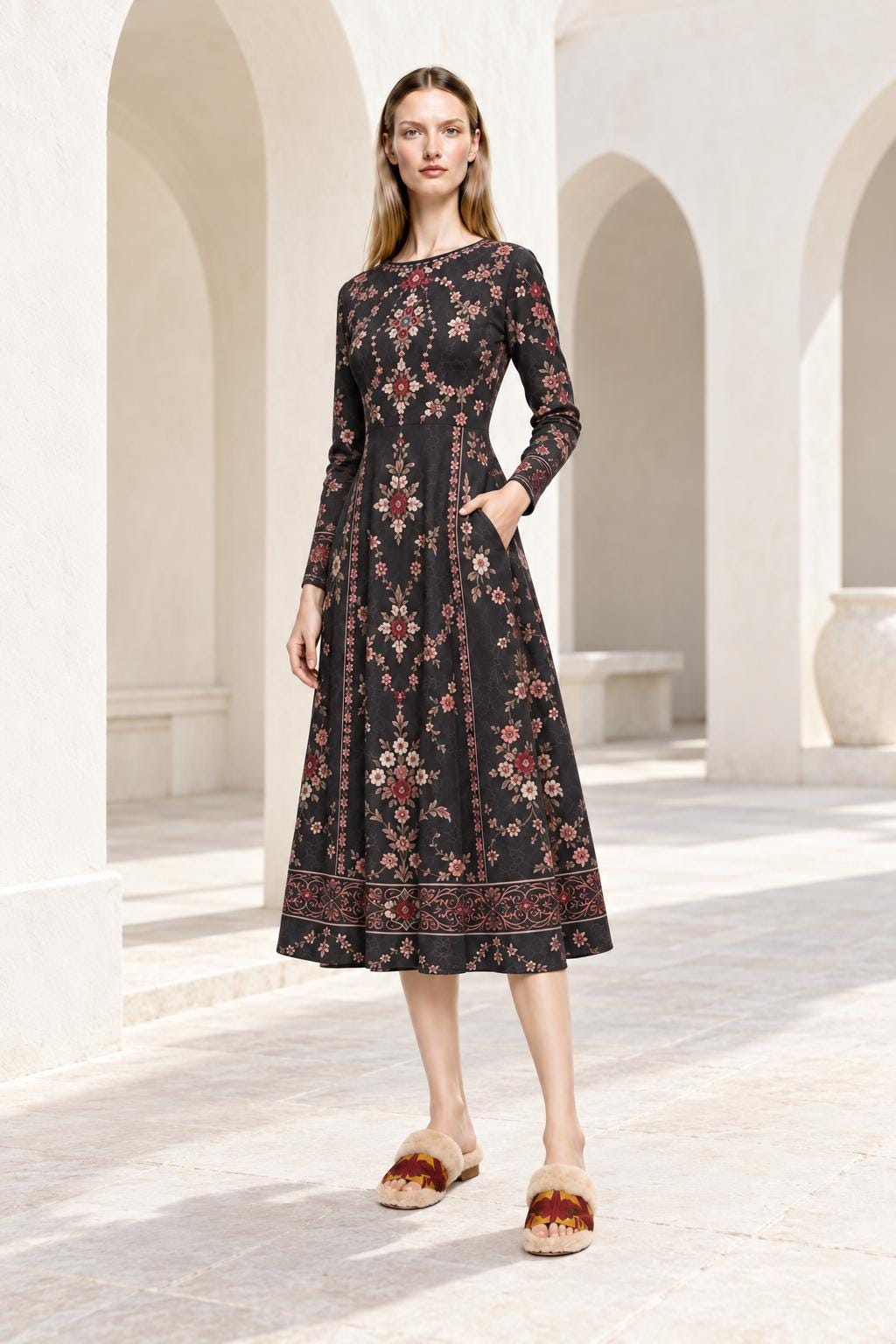 Black Floral Dress, Long Sleeves, A-Line Silhouette and Folk-Inspired Border