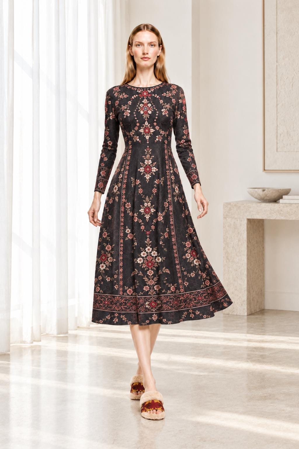 Black Floral Dress, Long Sleeves, A-Line Silhouette and Folk-Inspired Border