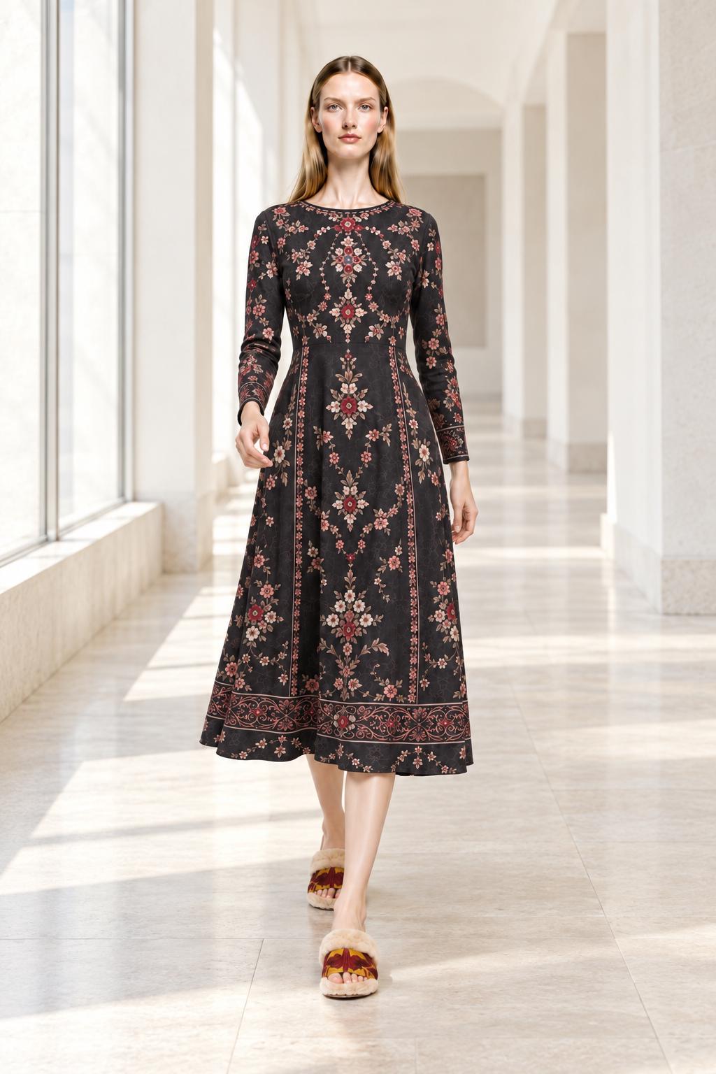 Black Floral Dress, Long Sleeves, A-Line Silhouette and Folk-Inspired Border