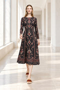 Black Floral Dress, Long Sleeves, A-Line Silhouette and Folk-Inspired Border