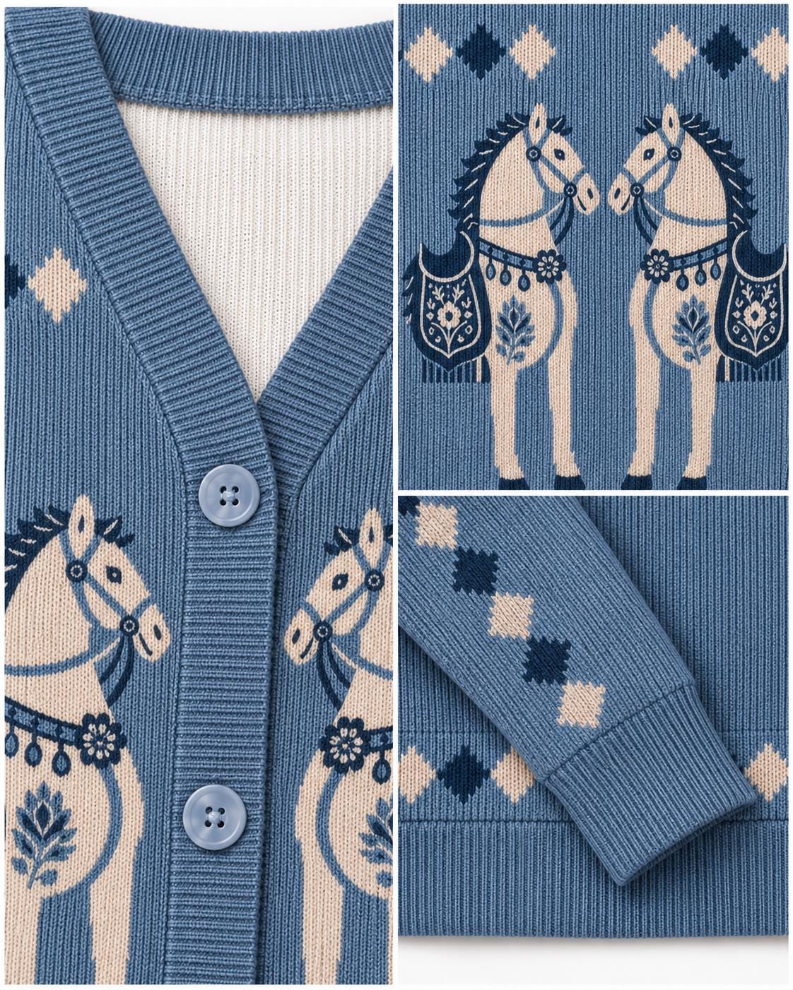 Blue Horse Knit Cardigan, Western Button Front Sweater, Ribbed Fall Layering Top __etsy:8647309838