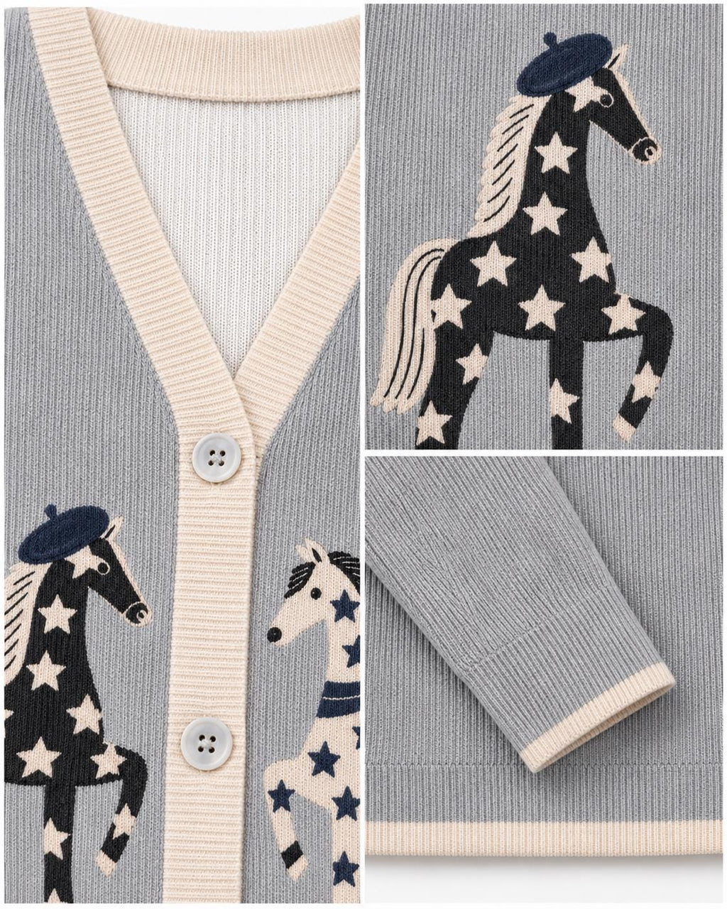 Gray Horse Cardigan with Star Motifs, V-Neck and Cream Trim __etsy:8647310784