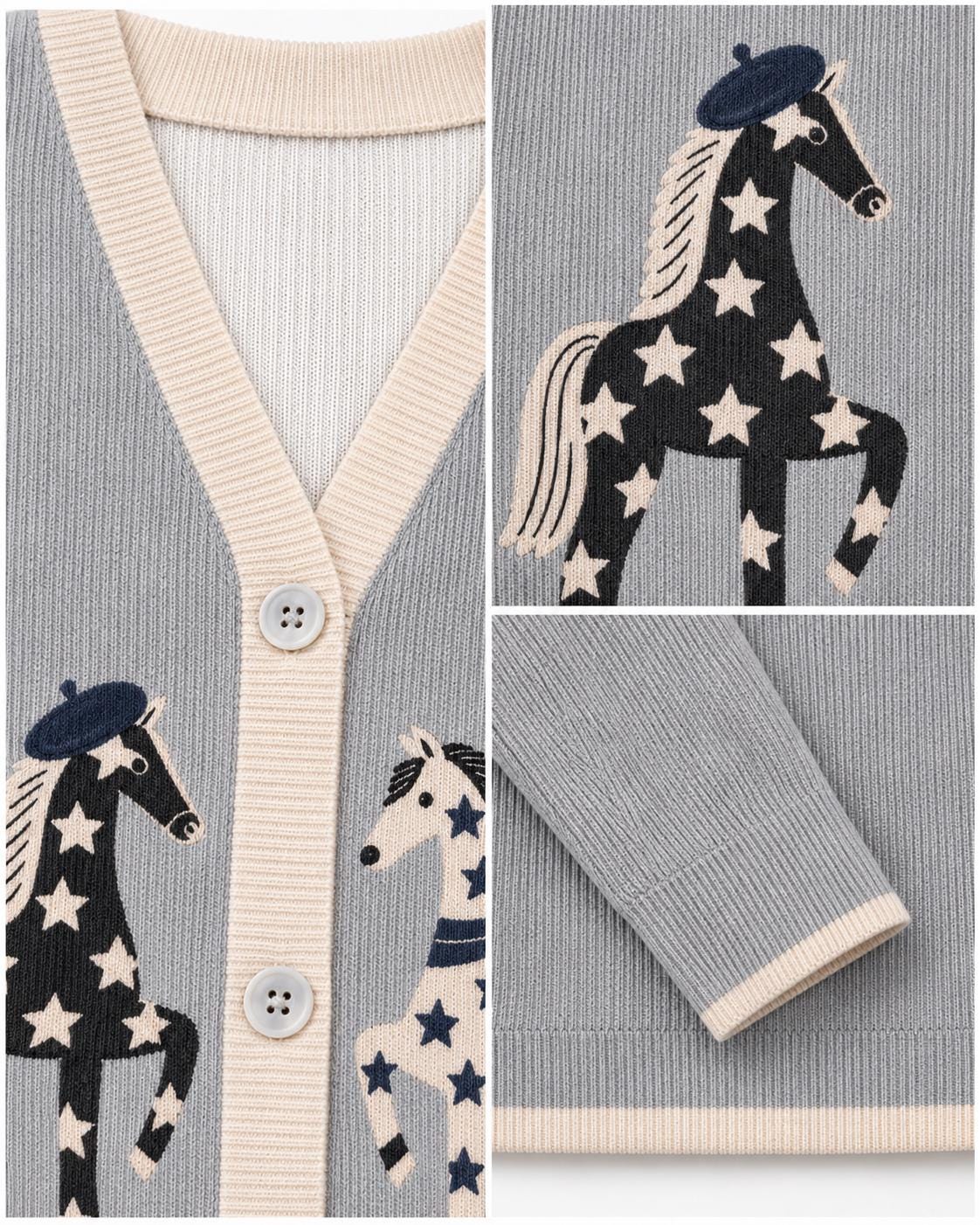 Gray Horse Cardigan with Star Motifs, V-Neck and Cream Trim __etsy:8647310784