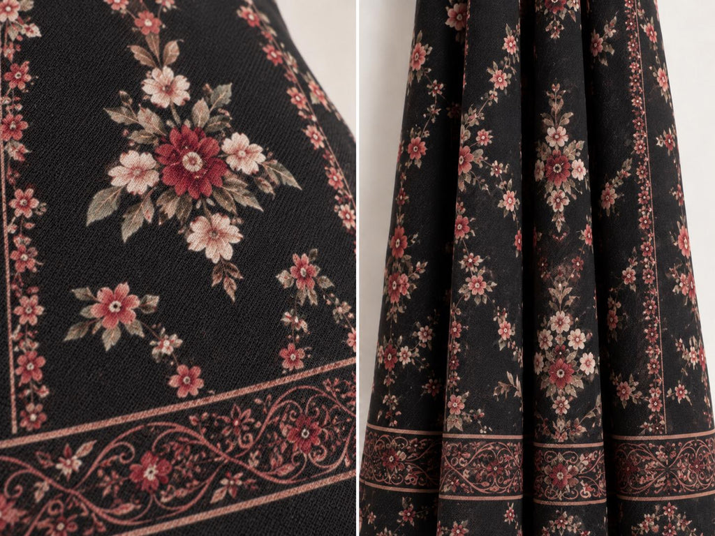 Black Floral Dress, Long Sleeves, A-Line Silhouette and Folk-Inspired Border __etsy:8647760042