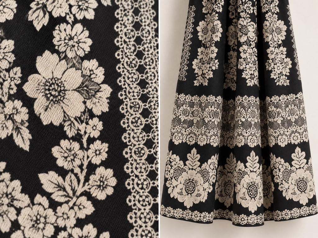 Black Floral Midi Dress with Ivory Lace-Inspired Print and Long Sleeves __etsy:8647791046
