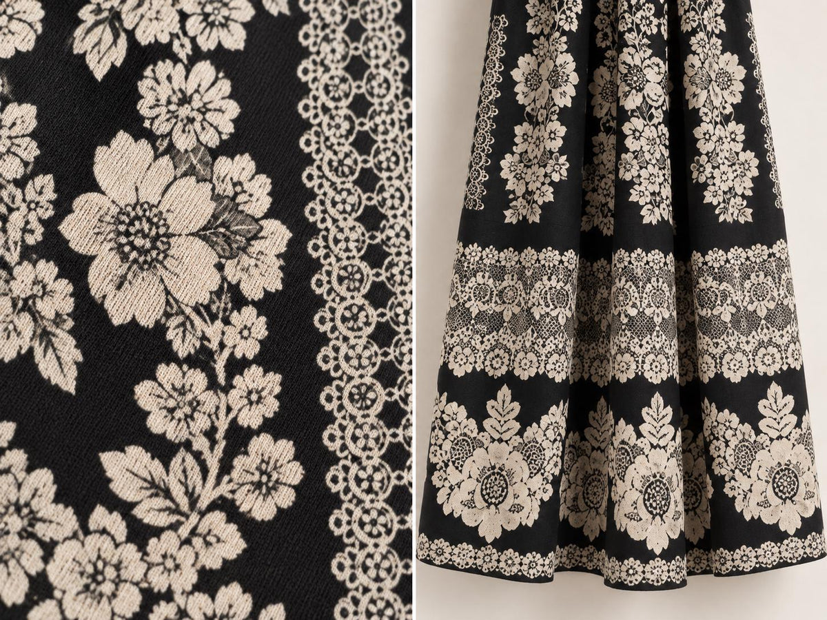 Black Floral Midi Dress with Ivory Lace-Inspired Print and Long Sleeves __etsy:8647791046