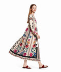 Ivory Floral Maxi Dress with Long Sleeves and Colorful Border Print