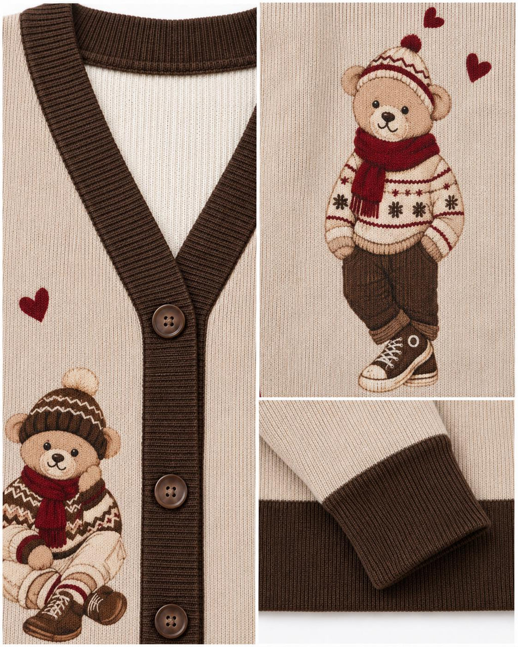 Teddy Bear Cardigan, Beige Knit Sweater with Bear Graphic, Cozy Button Front Style __etsy:8695140625