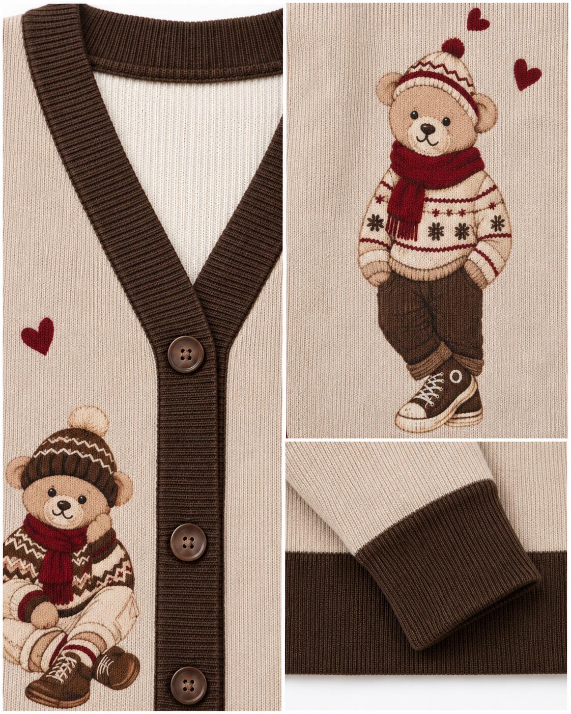 Teddy Bear Cardigan, Beige Knit Sweater with Bear Graphic, Cozy Button Front Style __etsy:8695140625