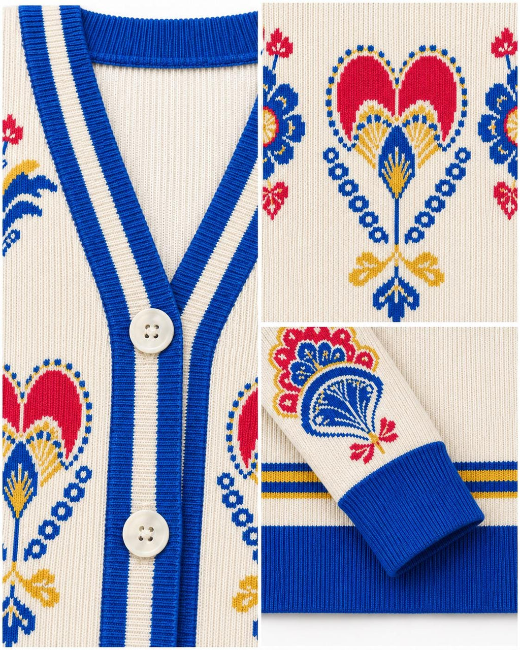 Ivory Floral Knit Cardigan with Blue Trim, Button Front __etsy:8695141415