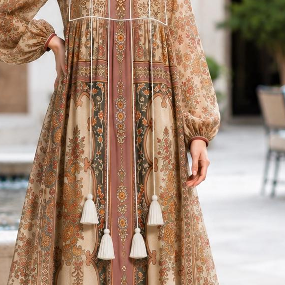 Detail crop from the original product image of Brown Floral Chiffon Maxi Dress showing the floral print and tassel ties.