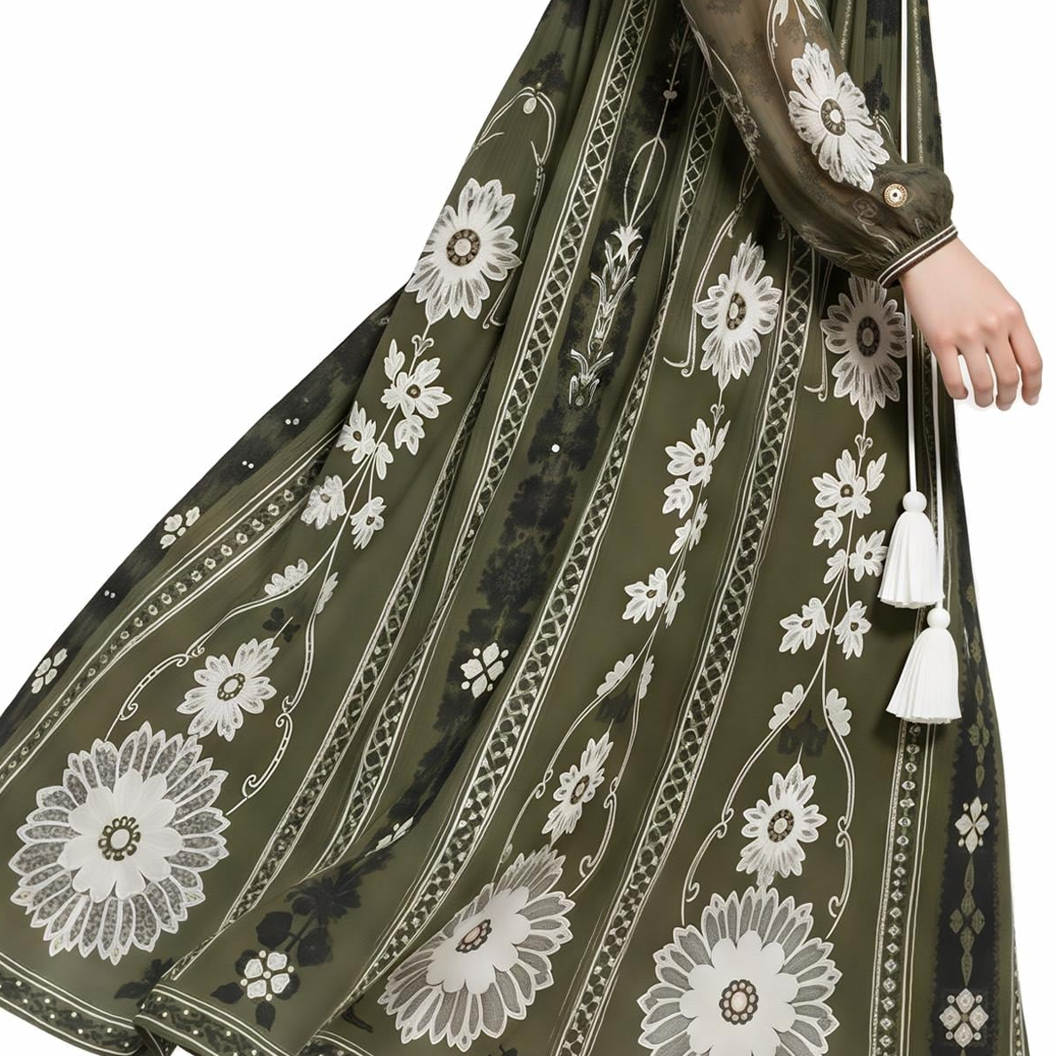 Detail crop from the original product image of Olive Green Floral Chiffon Midi Dress showing the white floral print and tassel ties.
