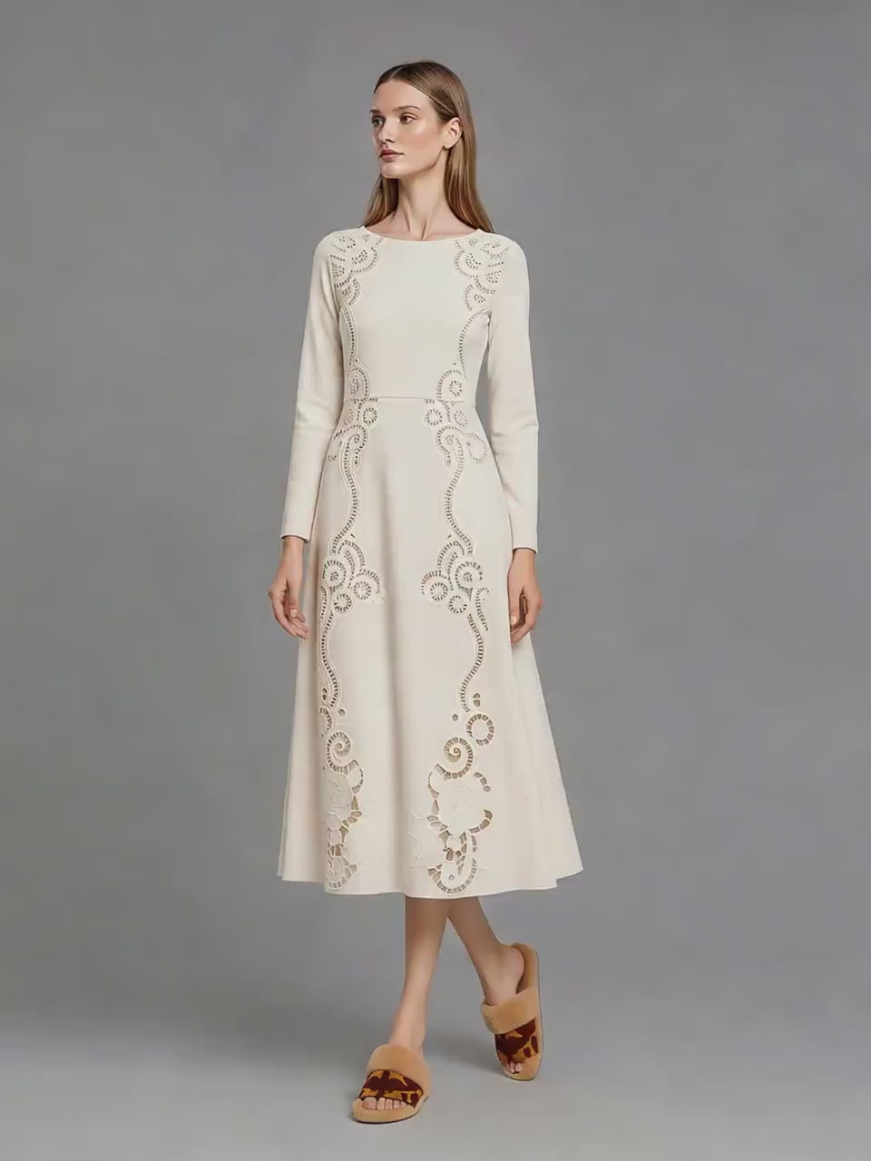 Midi Dress Pockets, Ivory Eyelet-Look Floral A-Line Long Sleeve
