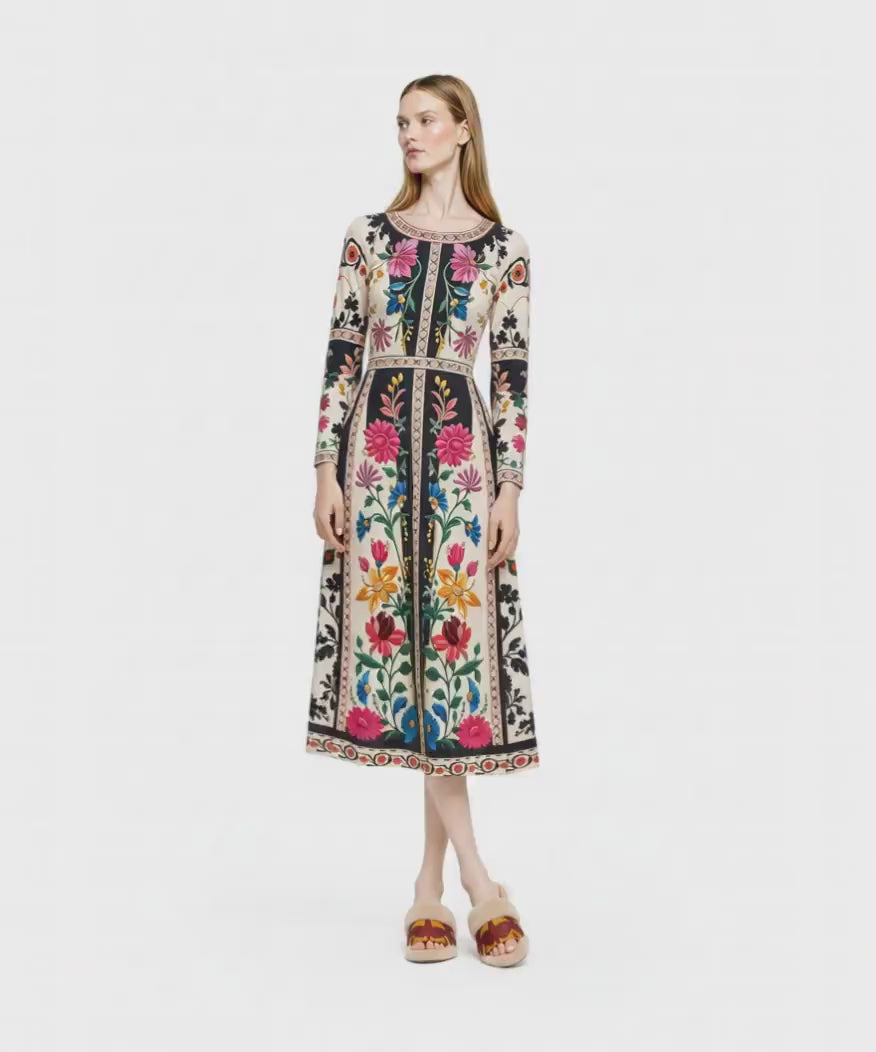 Floral Midi Dress, Ivory Long Sleeve A-Line with Folk Border Print