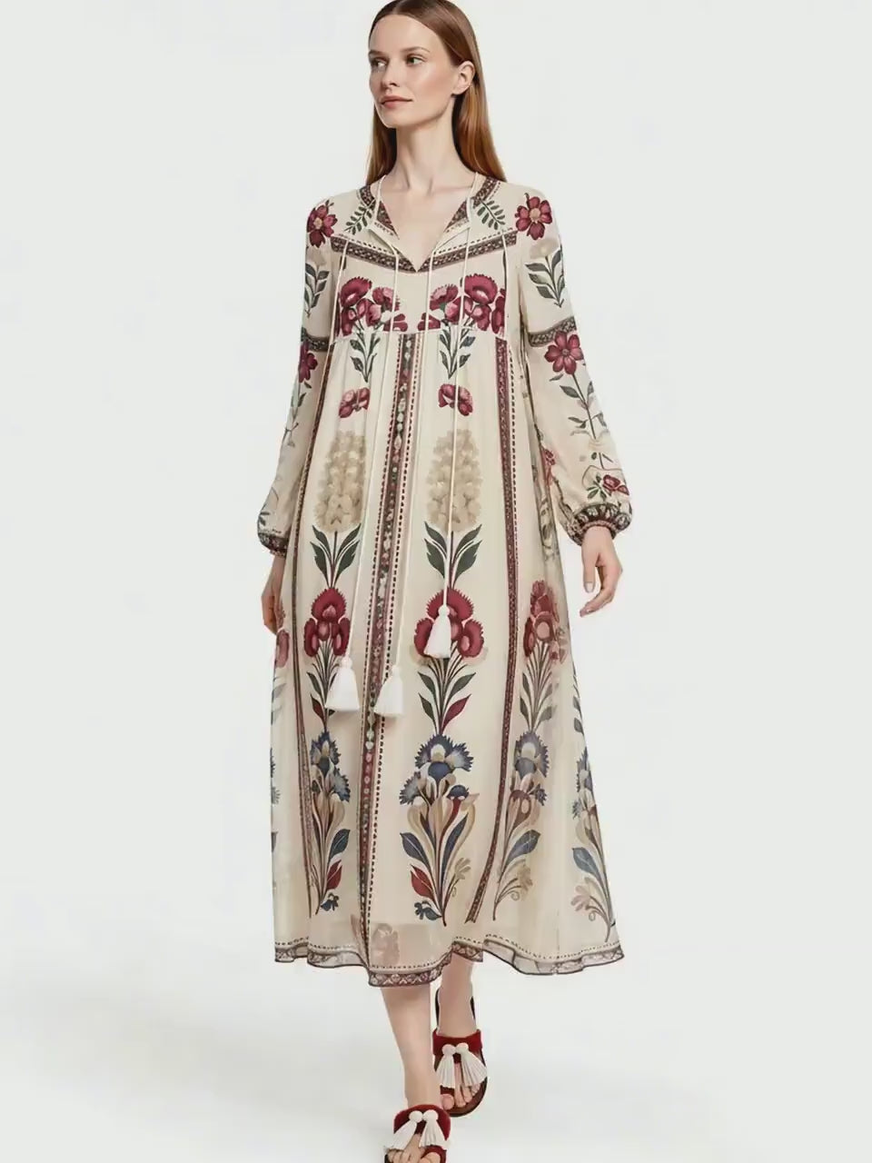 Ivory Floral Chiffon Midi Dress, Long Sleeve Tassel Tie Boho Resort Wear