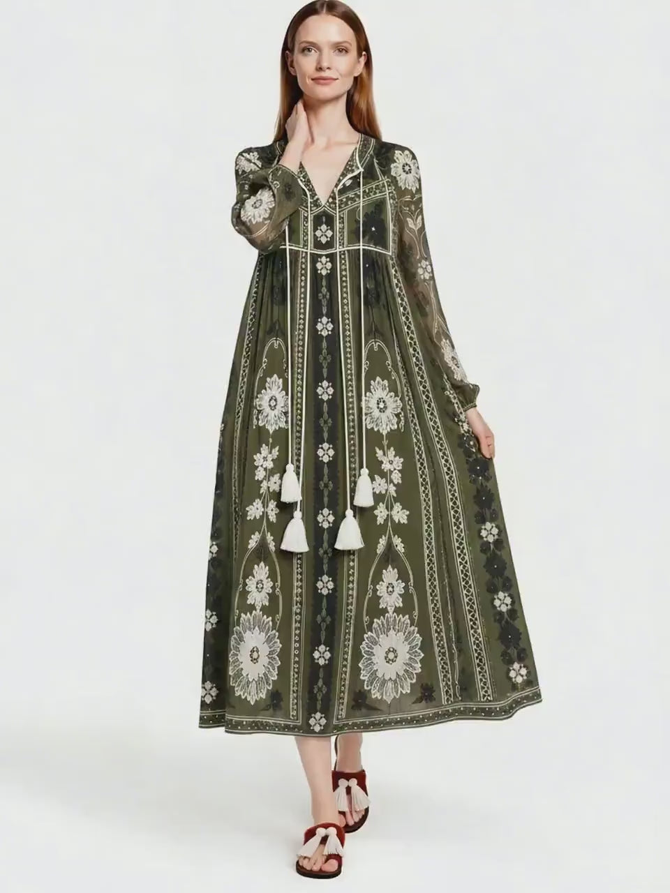Olive Green Floral Chiffon Midi Dress