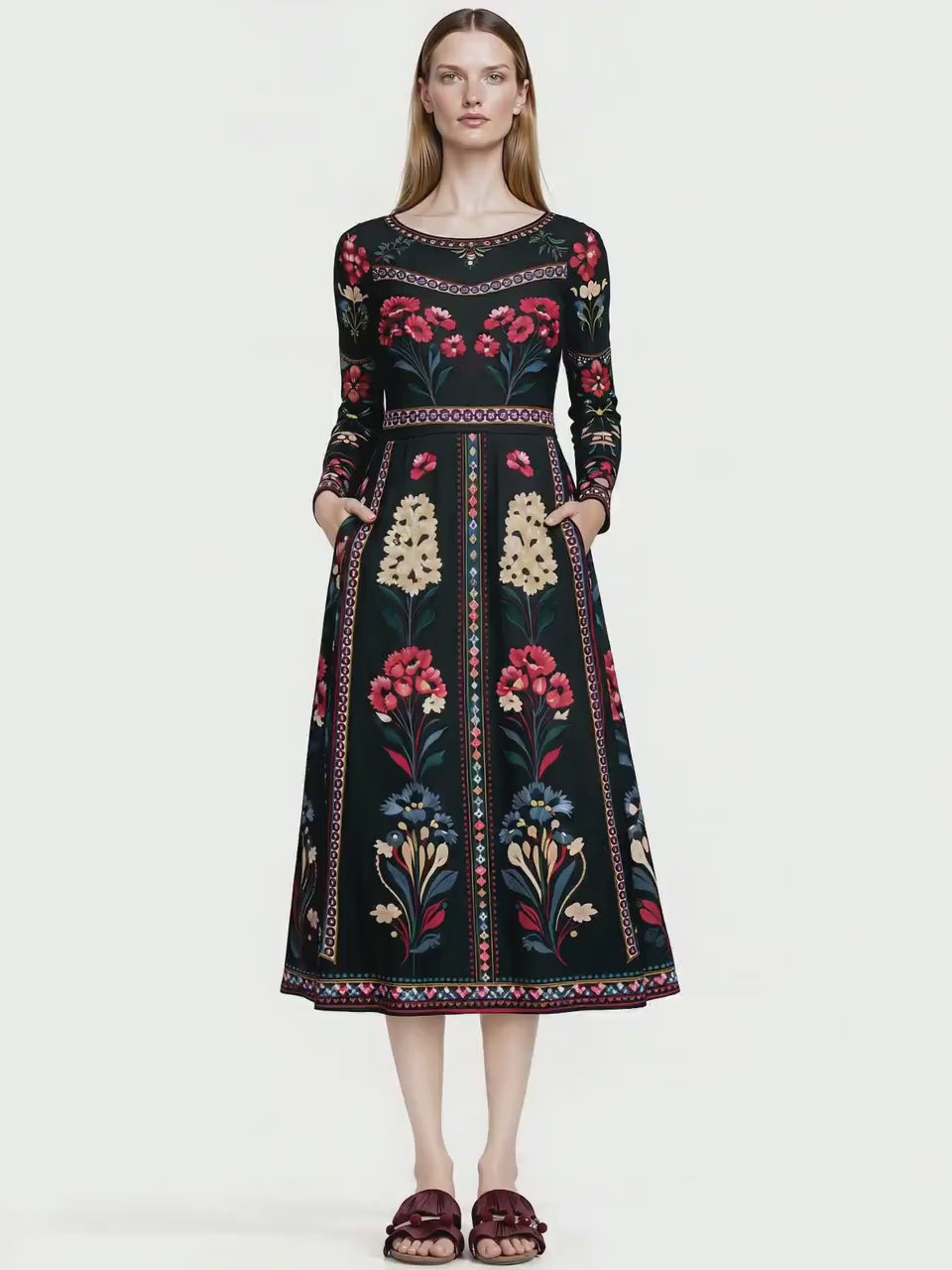 Black Floral Midi Dress with Long Sleeves and Side Pockets A-Line Silhouette