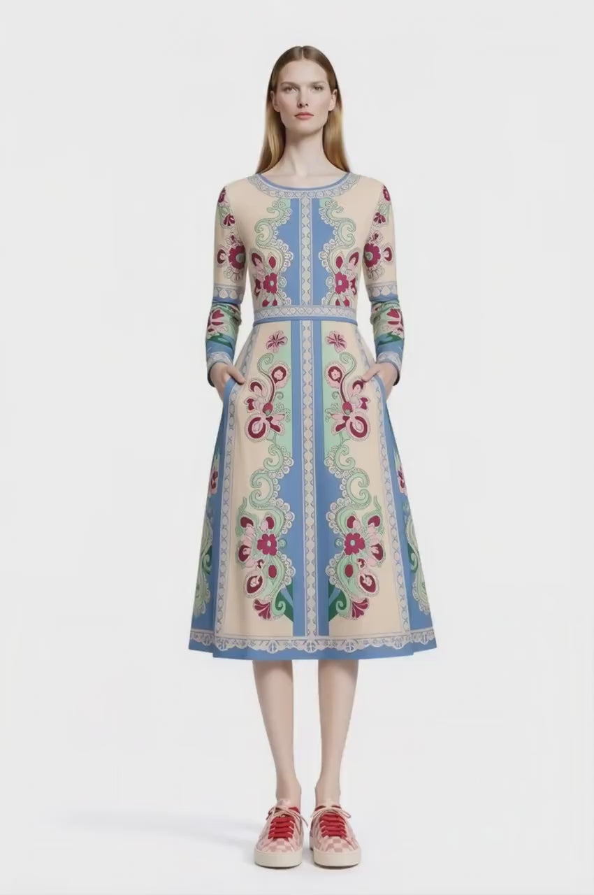 Long Sleeve Floral Midi Dress, Romantic Folk Print, Boutique Style, Spring Outfit