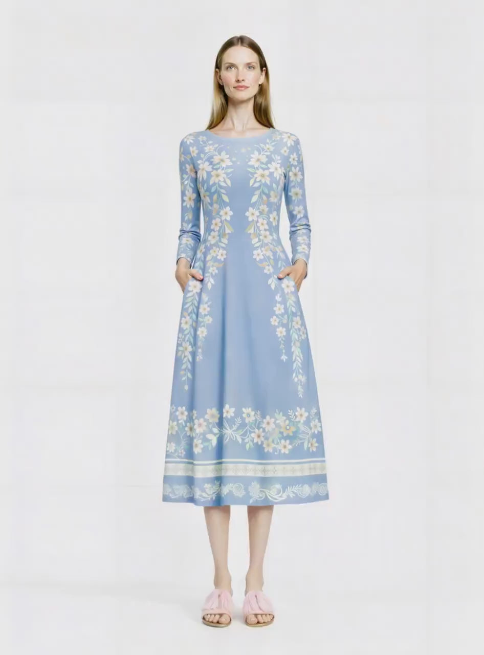 Blue Floral Midi Dress, Vintage Botanical Print, A-Line Silhouette, Long Sleeve, Pockets