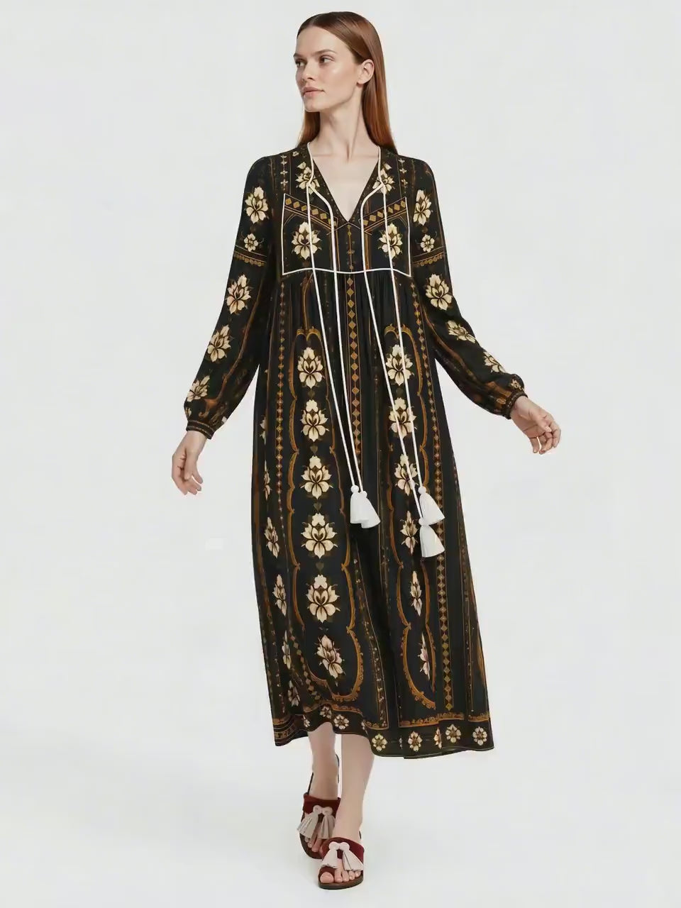 Black Floral Midi Dress, Long Sleeve Boho Tassel Tie, Relaxed A-Line Chiffon Resort Wear