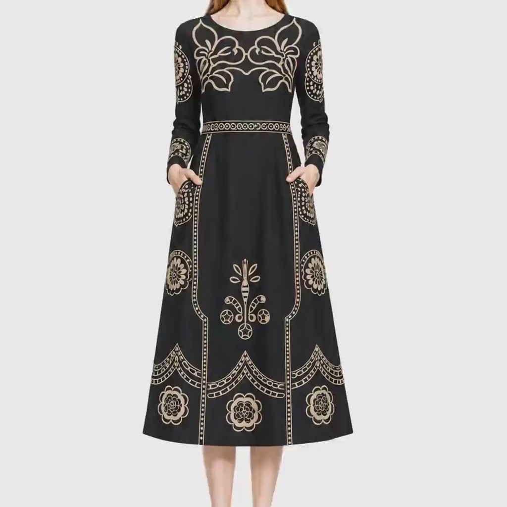 Black Midi Dress, Beige Folk Floral Print A-Line with Long Sleeves and Pockets